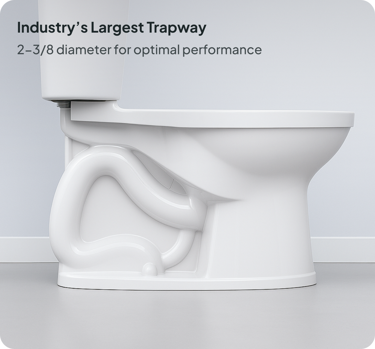 White toilet with text about the 'Industry's Largest Trapway' on a light gray background