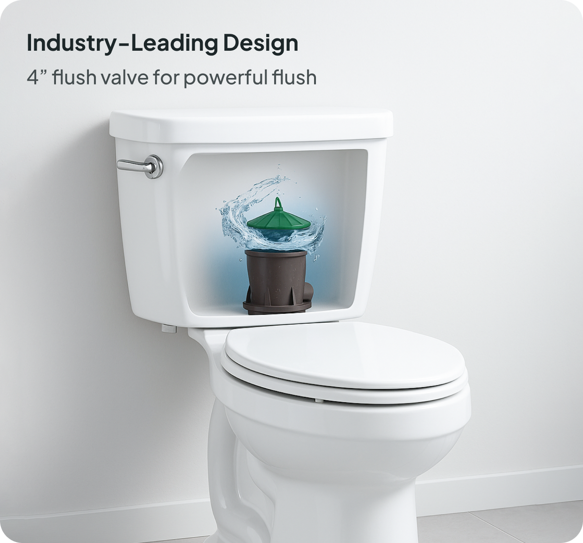White toilet with a graphic of a flush valve and water splash on the tank lid, labeled 'Industry-Leading Design' and '4-inch flush valve for powerful flush'.