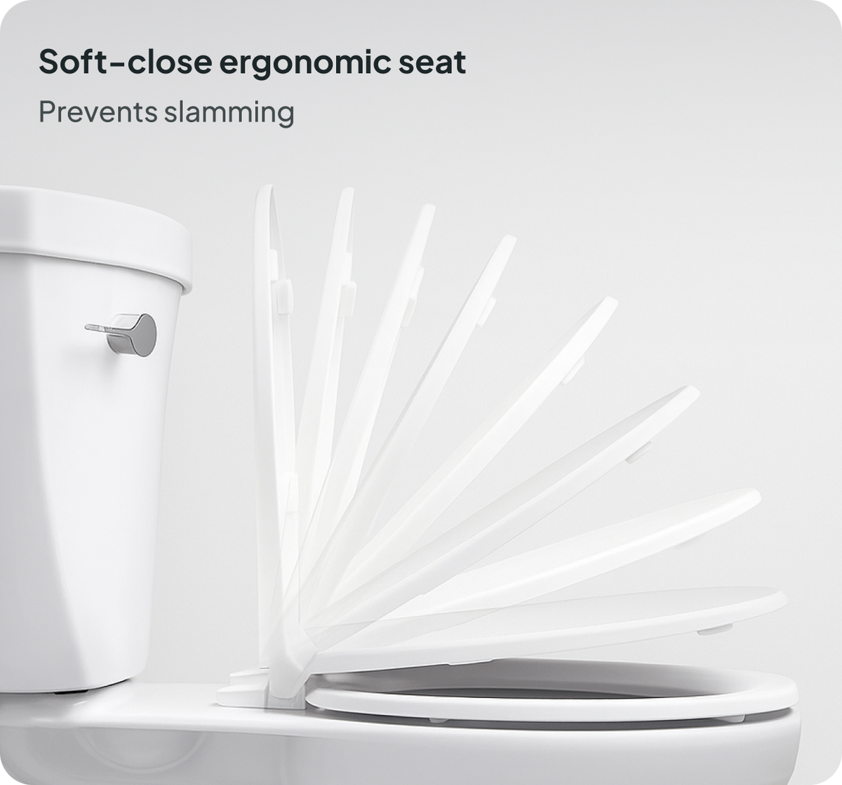 White toilet with soft-close ergonomic seat on a light gray background