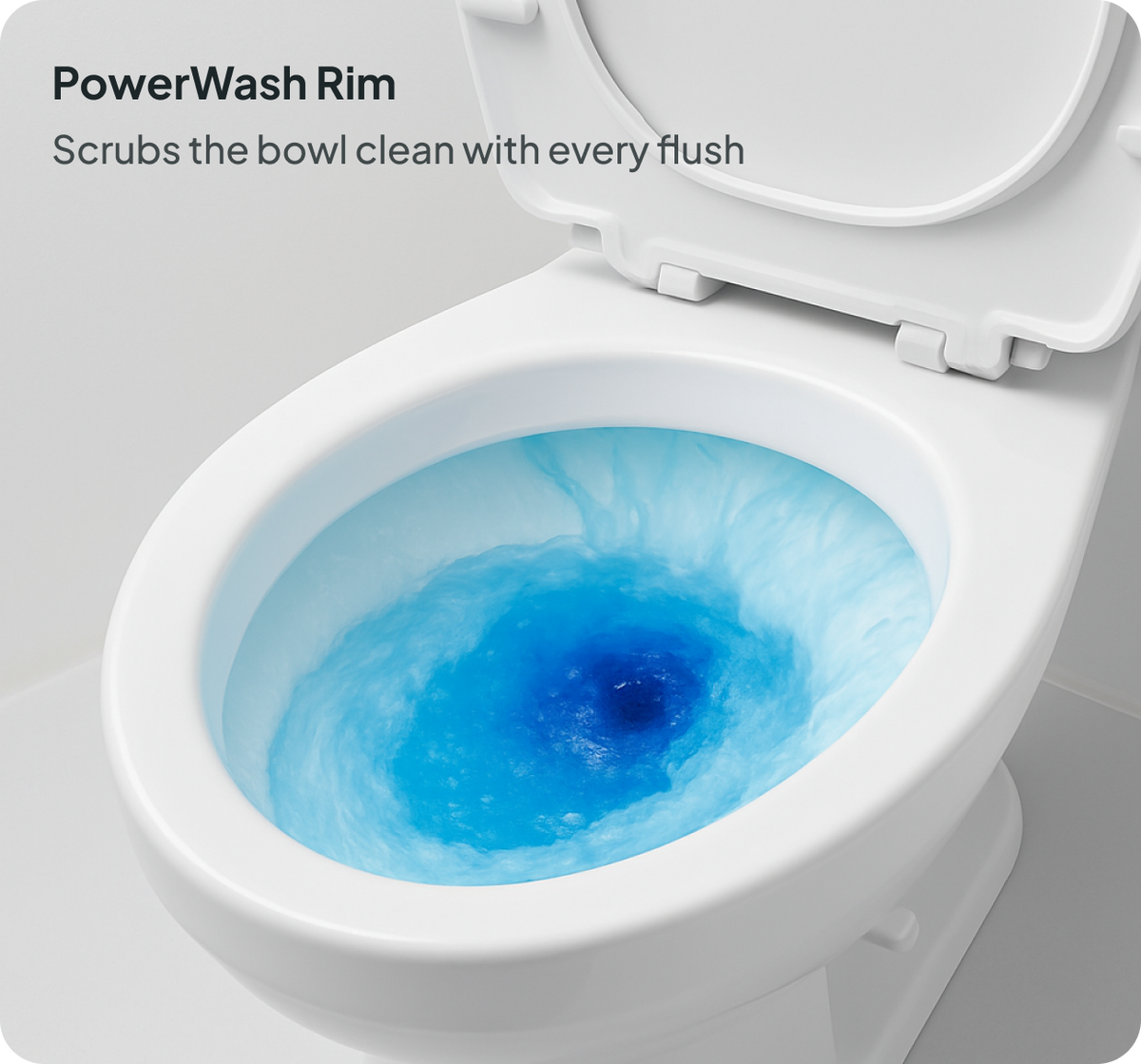 Toilet with PowerWash Rim feature showing blue cleaning solution in the bowl.