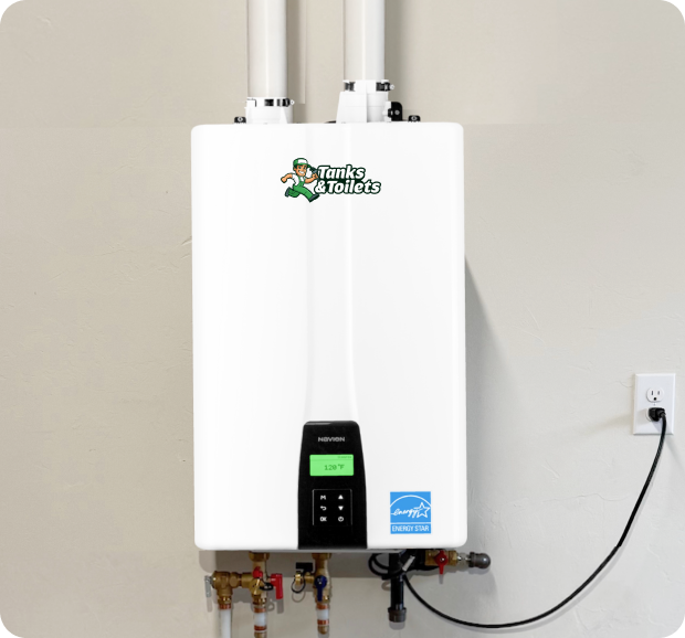 Water heater installation on a wall with visible branding and electrical outlet.
