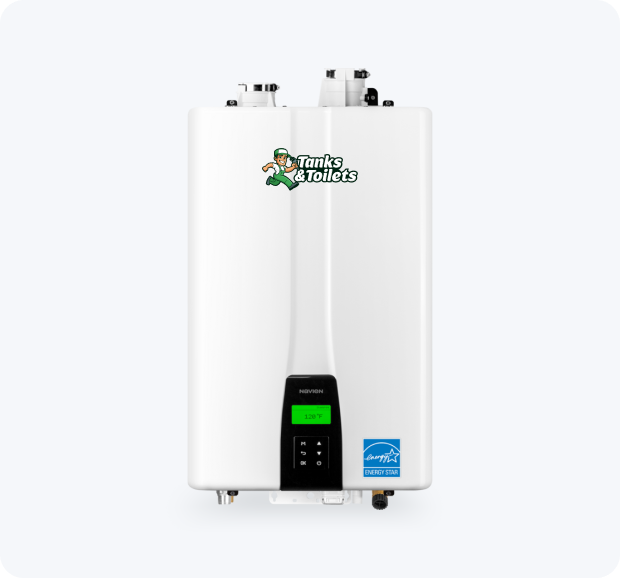 Two white water heaters with a visible brand logo on a white background