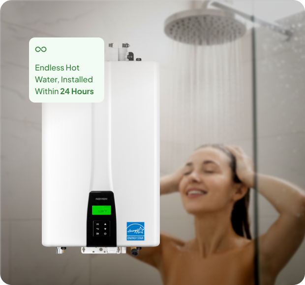 Hot water heater with a woman showering in the background
