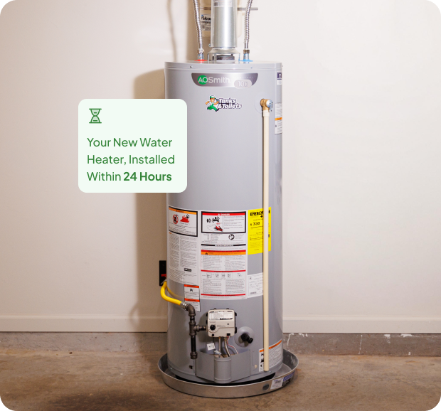 Gray water heater with installation confirmation sign on a white wall background