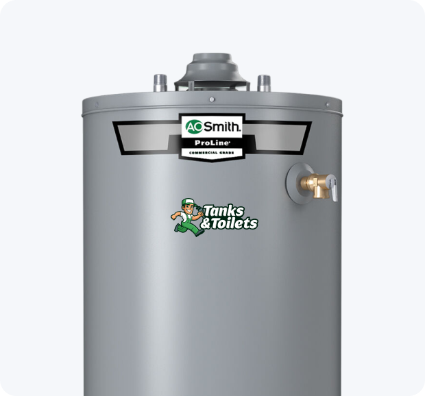 Gray water heater with AC Smith and Tanks & Toilets branding on a white background