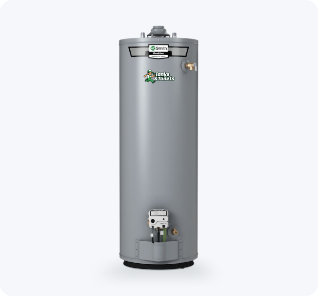 Gray water heater with a visible brand logo on a white background